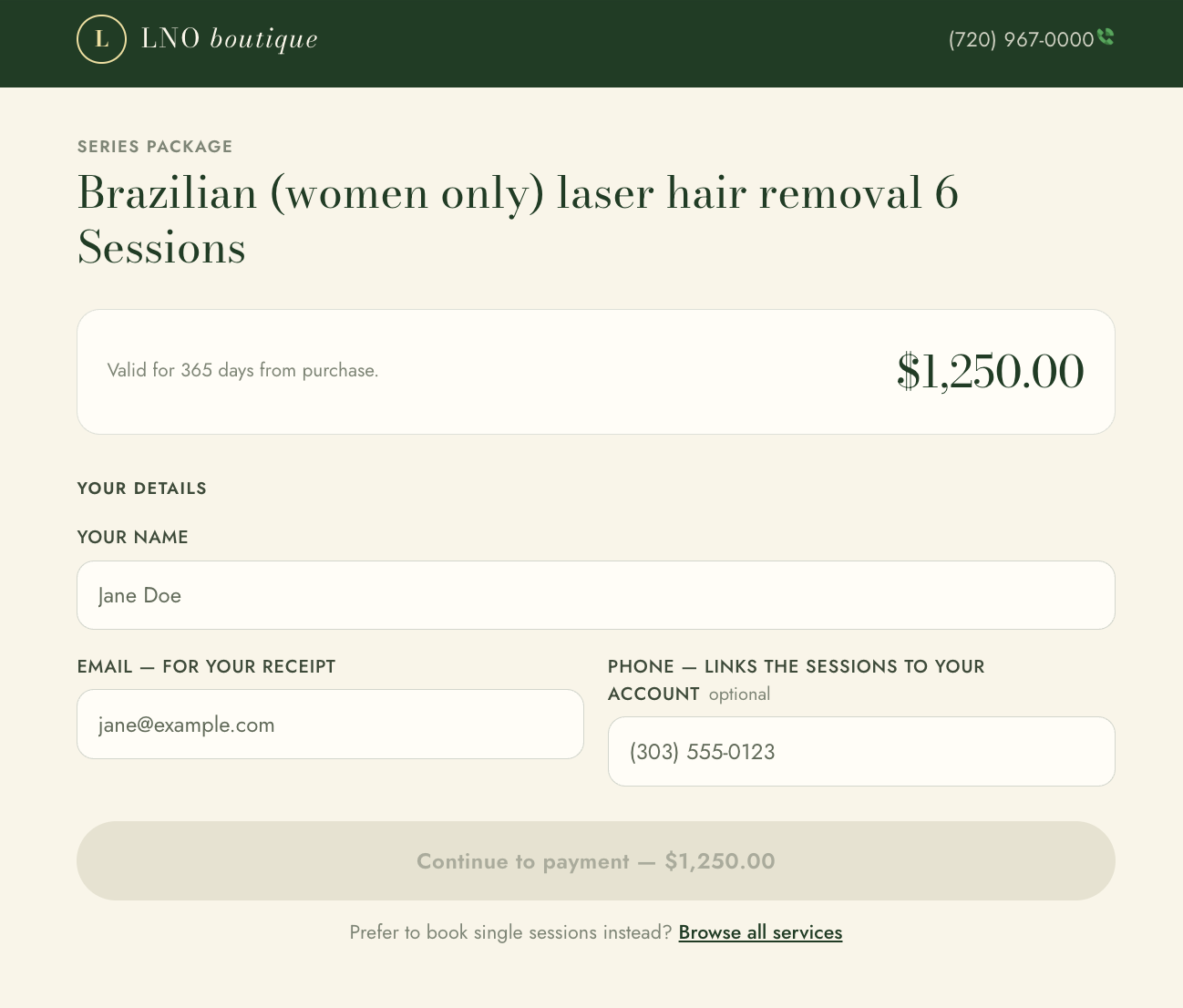 The replacement package checkout: a deep green header with a gold monogram and wordmark, a cream page, the package name set in a display serif, the price, and three form fields for name, email, and optional phone.